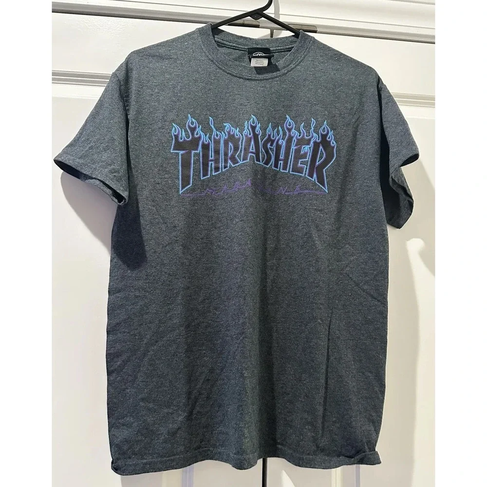 Thrasher Magazine Skateboard Tshirt Size M Gray With Blue Flames